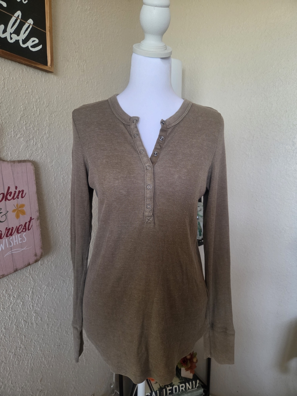 aerie Long-Sleeve Ribbed Henley Top in Taupe